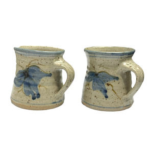 Handmade Signed Art Studio Pottery Mugs Tan Blue Set of 2